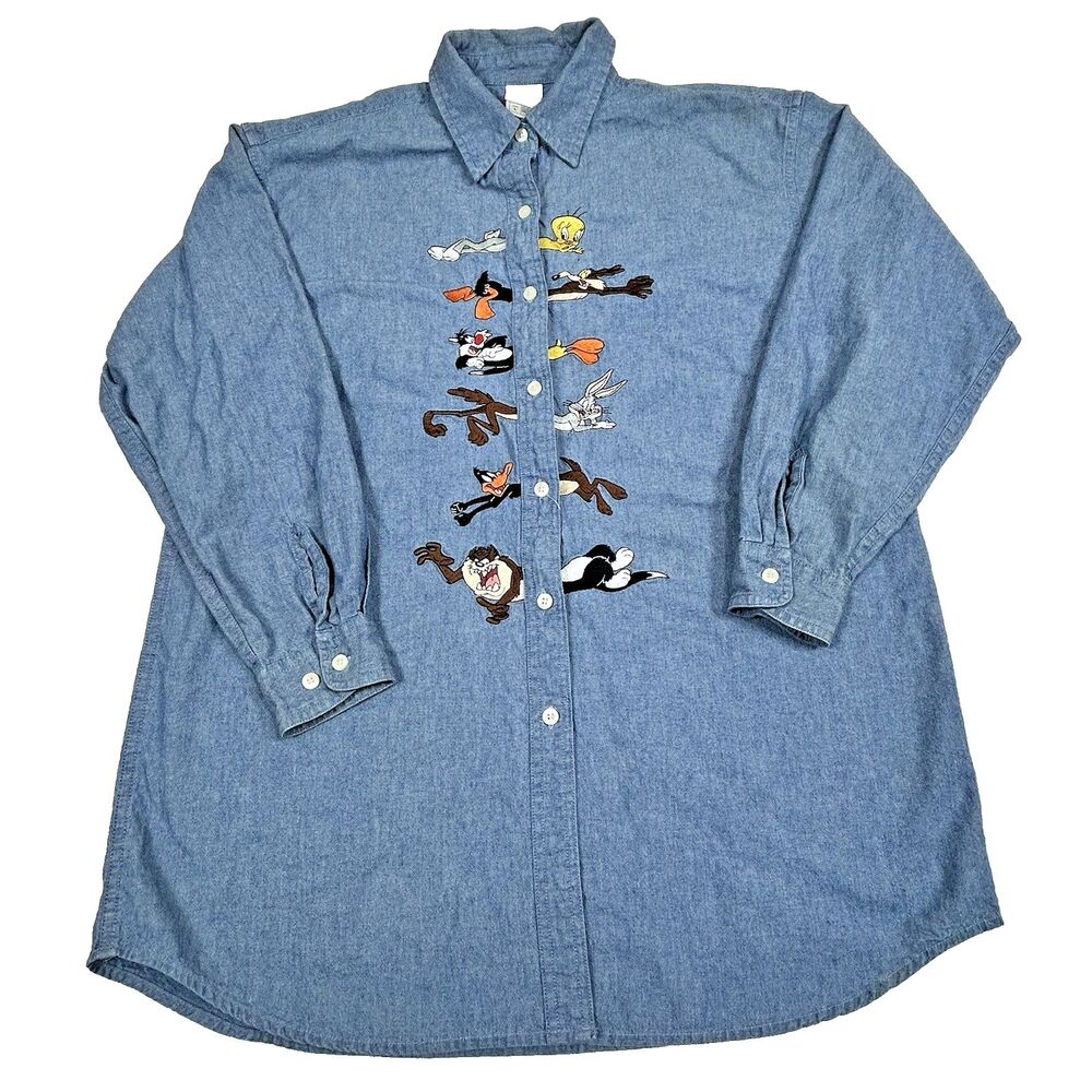 Warner Bros. Studio Store Looney Tunes Cotton Chambray Blue Shirt Embroidered